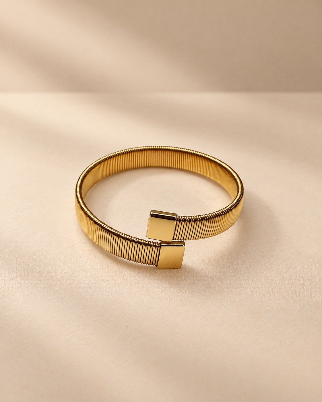 Gold Tone Ribbed Open Cuff Bracelet Stackable Sizable Stainless Steel. Gold Tone Ribbed Open Cuff Bracelet Stackable Sizable Stainless Steel.