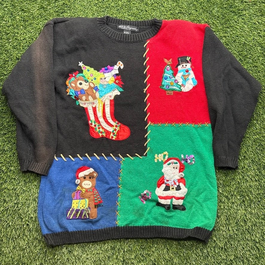 Work in Progress Vintage Ugly Christmas Sweater Womens M Holiday Santa Bear