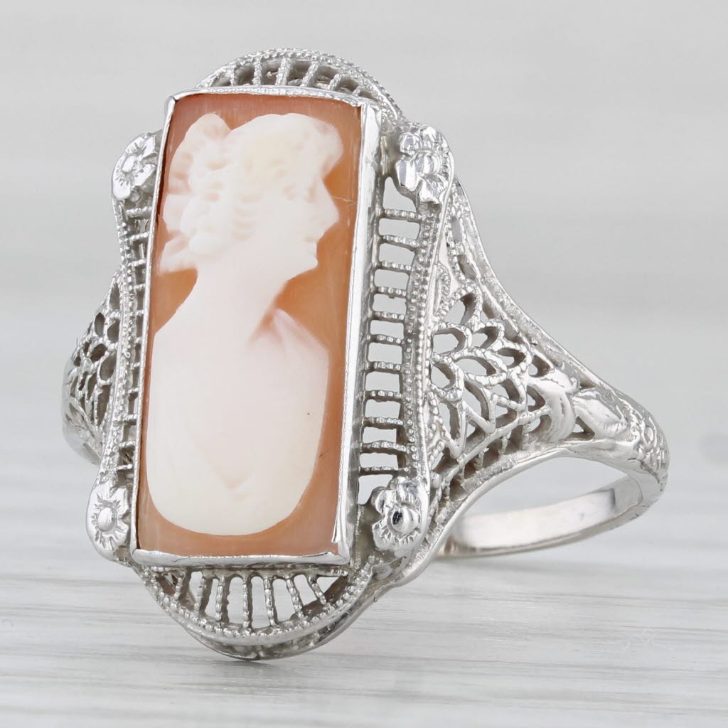 Vintage Cameo Filigree Ring Carved Shell 14k White Gold Size 8.25