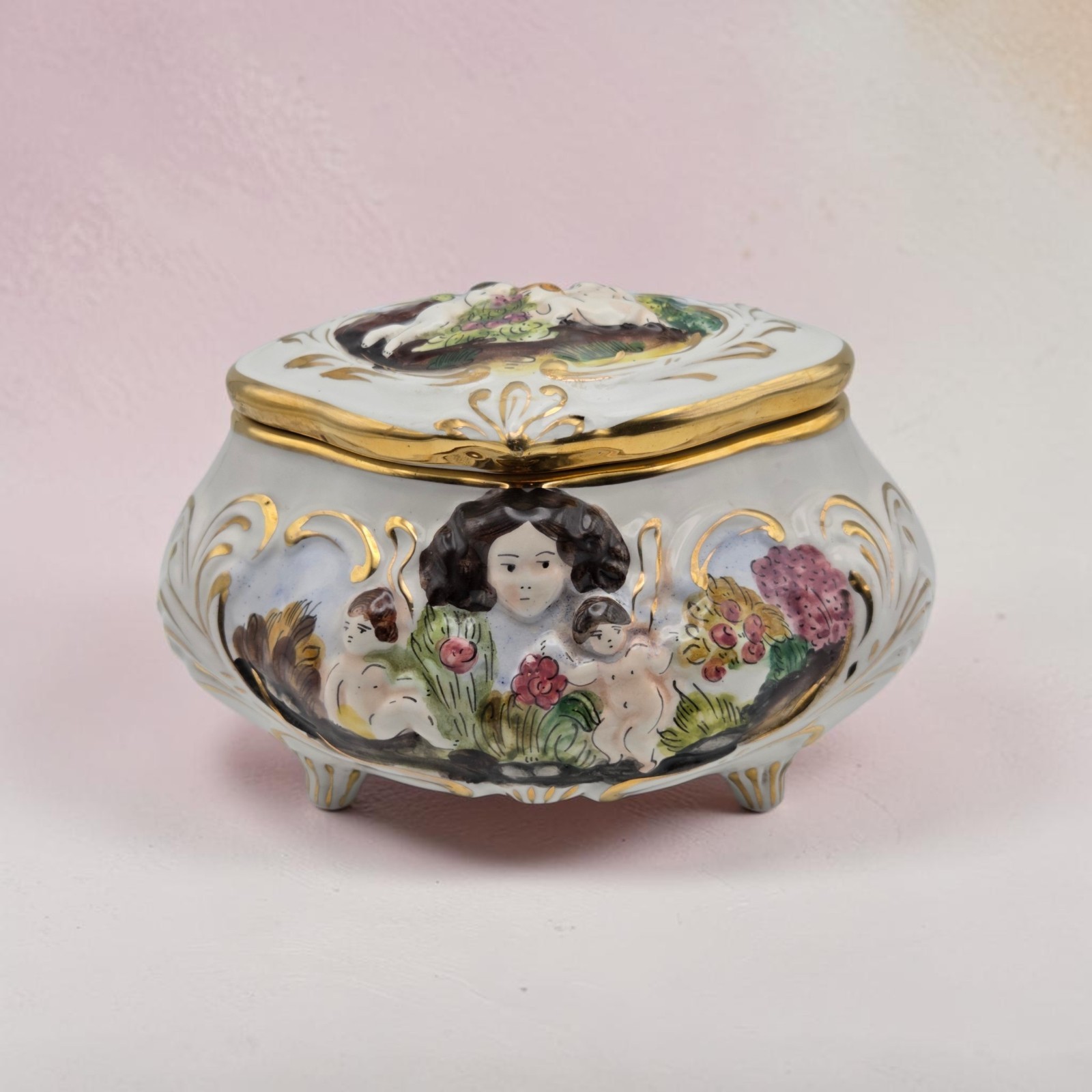 Vintage Capodimonte Italian Footed Earthenware Box Cherubs Woman Flowers