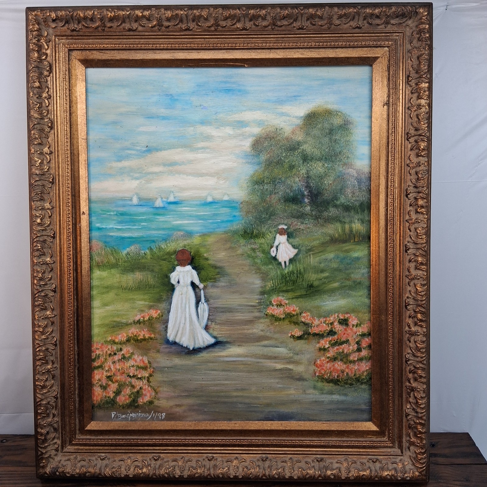 Vintage 1998 Impressionist Oil Painting Coastal Promenade Gilt Frame P Bongiorni Vintage 1998 Impressionist Oil Painting Coastal Promenade Gilt Frame P Bongiorni