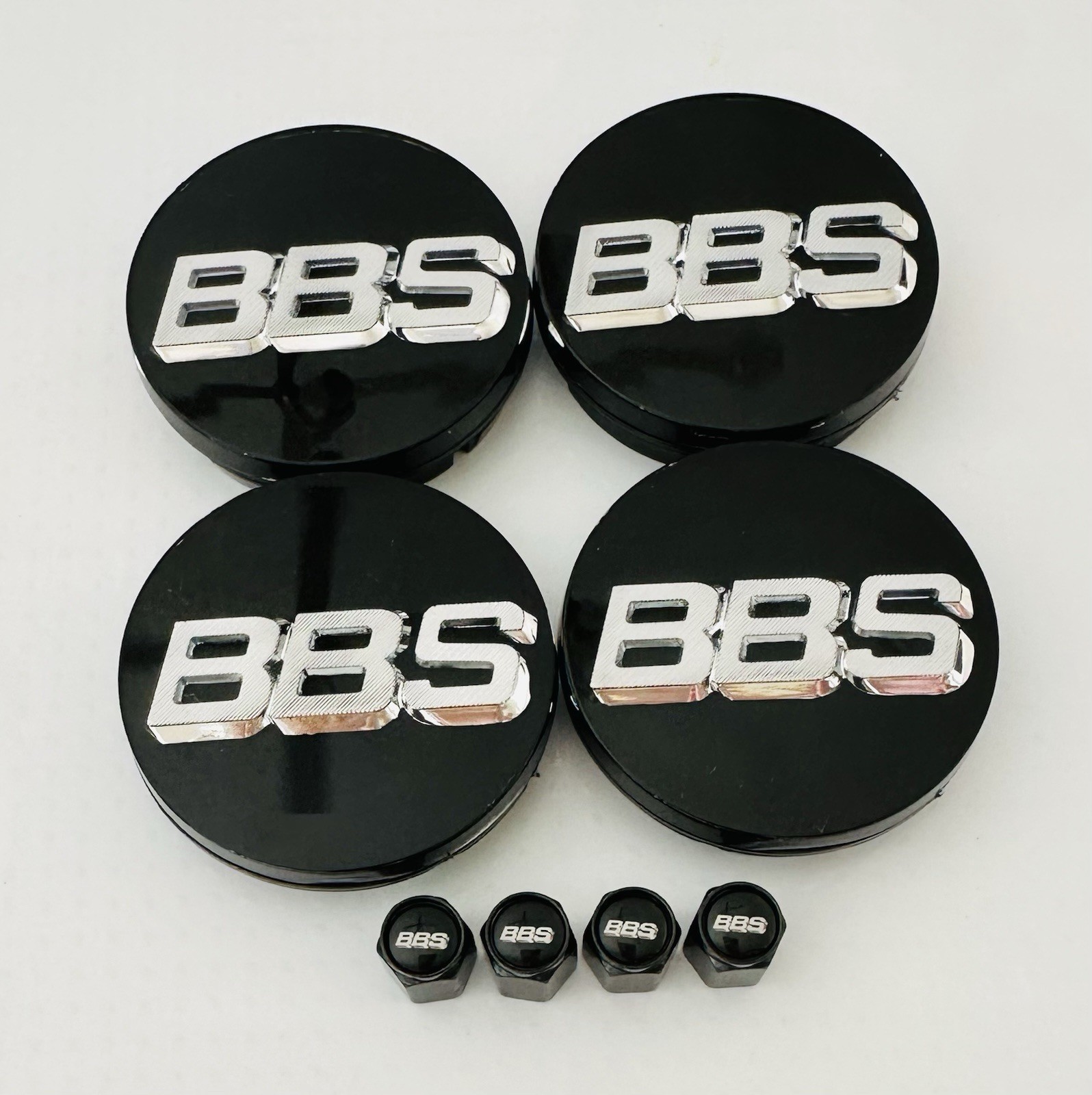 4pc 3D Silver Black BBS 56mm Center Caps 56.24.012 & 4pc Black Valve Caps