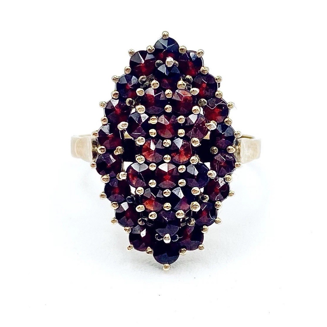 Vintage Czech Bohemian Garnet Cluster Ring 900 Silver Gold Washed Size 8.25