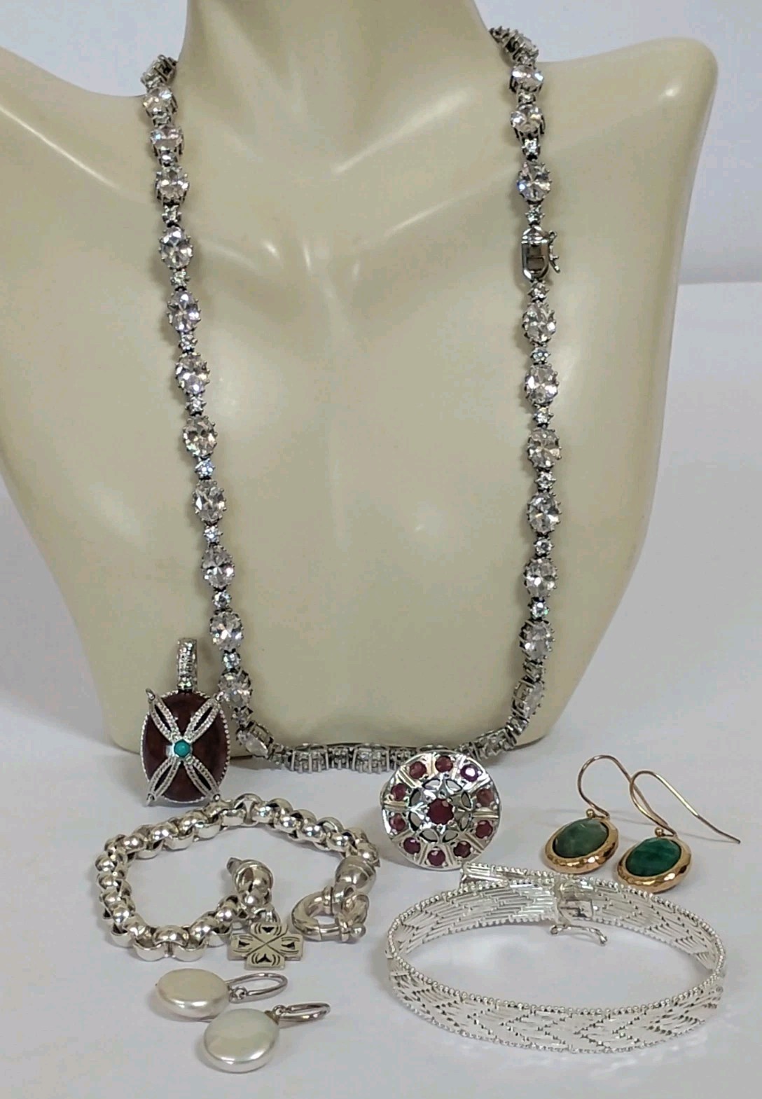 7 Pc 925 Sterling Wearable Jewelry Lot w/Flaws Stauer A. Nak Ruby Emerald 122g