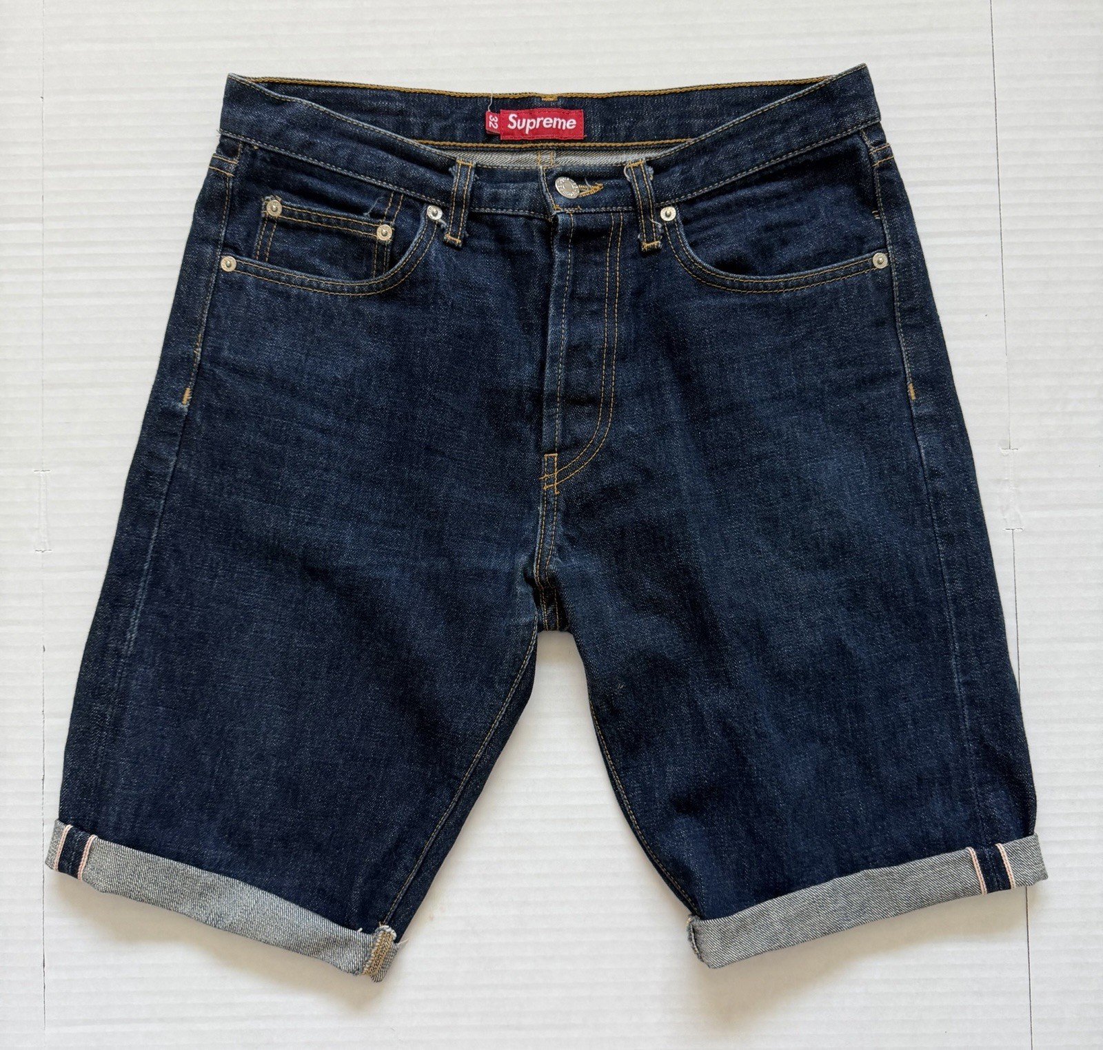Supreme Rigid Slim Selvedge Denim Jeans Cutoff Shorts Made USA Sz 32 Red Patch Supreme Rigid Slim Selvedge Denim Jeans Cutoff Shorts Made USA Sz 32 Red Patch