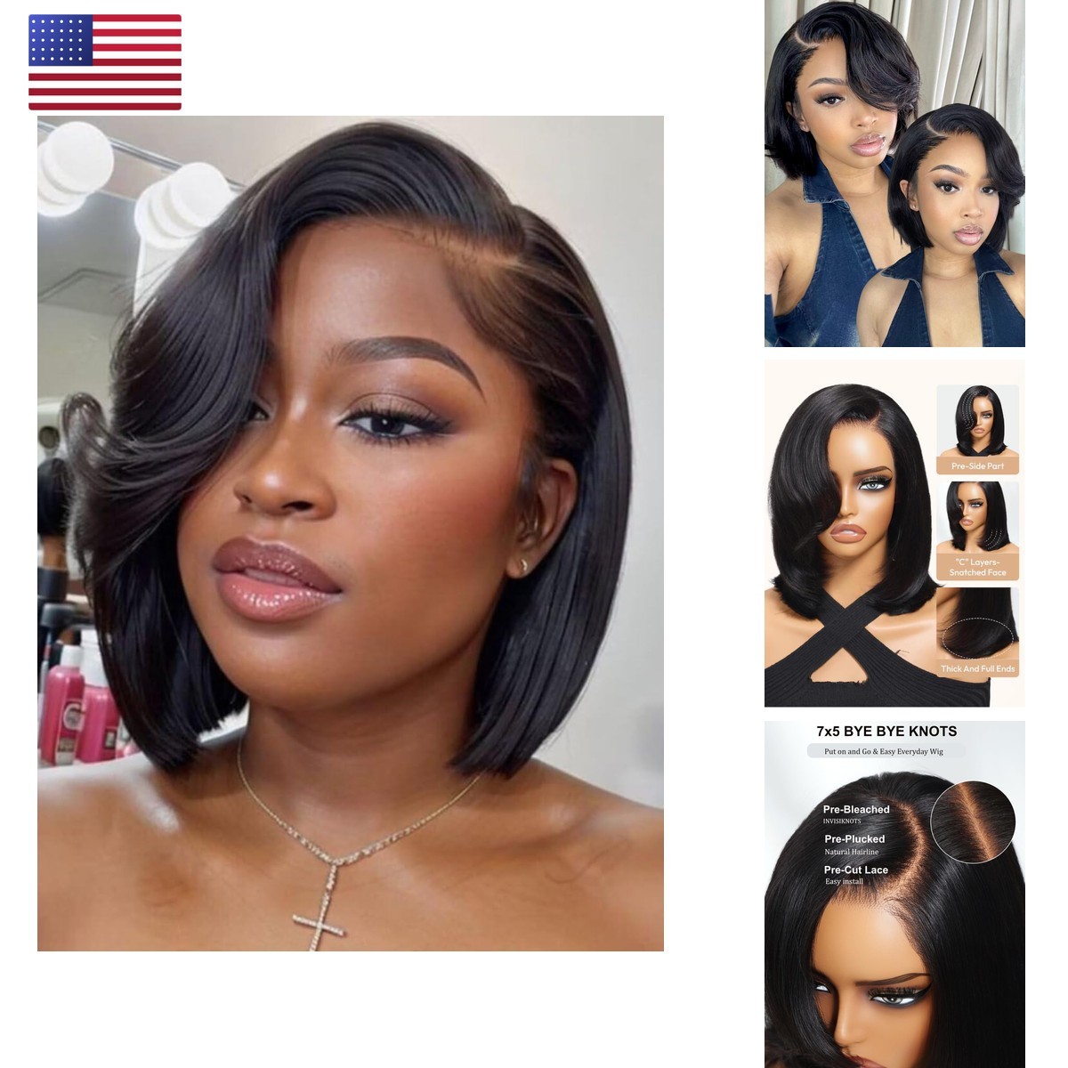 UNICE 8 inch Short Layered Bob Drawstring Wig 7x5 Lace Closure Glueless Ready