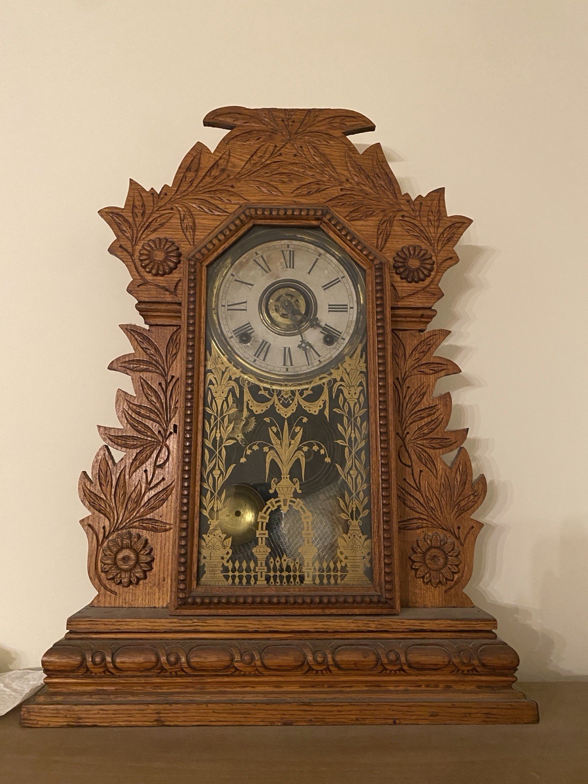 William L. Gilbert Carved Wood Shelf Clock w/ Glass Door Roman Numeral Dial