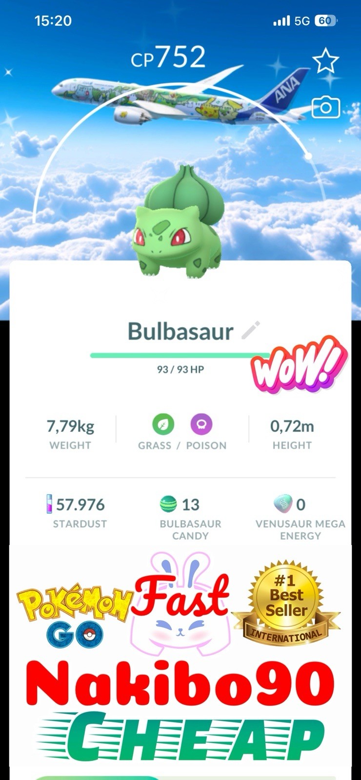 Pokemon✨Shiny Bulbasaur Jet Green ANA Background✨P’TC✨TRA DE✨Go✨