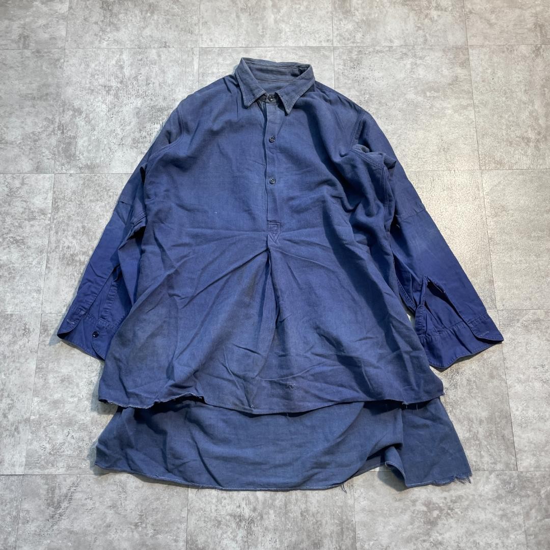 1940s French Work Moleskin Grandpa Shirt Blue