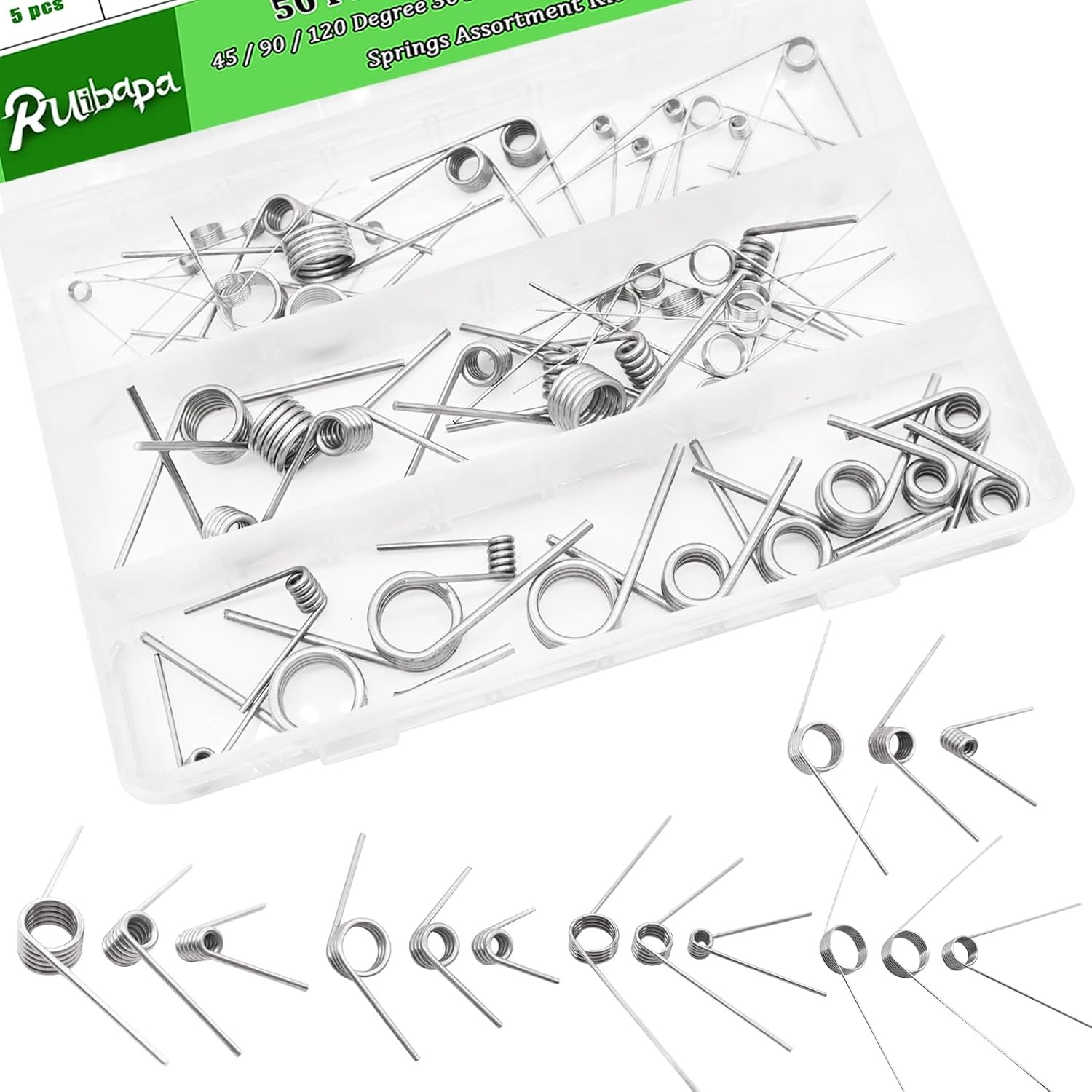 50Pcs Torsional Springs Assortment Kit 15 Sizes 304 Stainless Steel DIY
