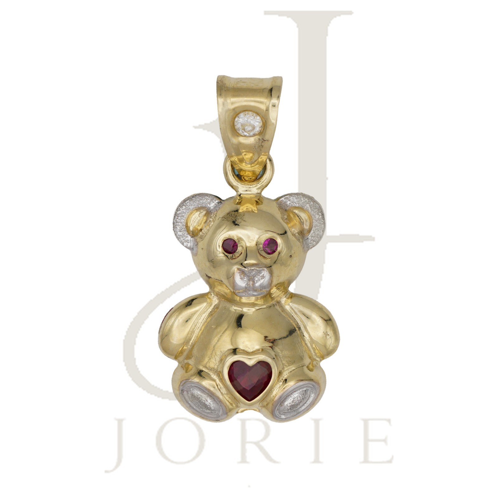 10k Two-tone Gold Red White Heart Round Cubic-Zirconia Teddy Bear Charm Pendant
