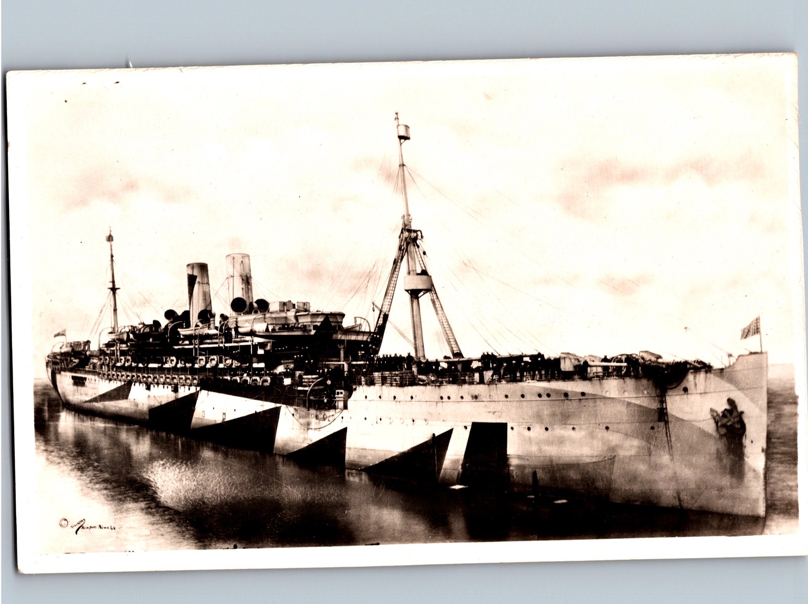 c1918 USS Pocahontas Navy Transport Ship Dazzle Camouflage RPPC Photo Postcard