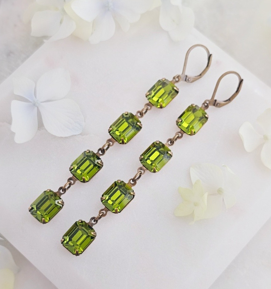 Olivine Green Baguette Long Dangle Earrings made with Vintage Swarovski Crystals