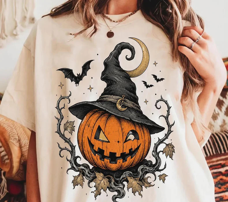 Vintage Witch Pumpkin T-Shirt, Gothic Halloween Jack O Lantern Graphic Tee