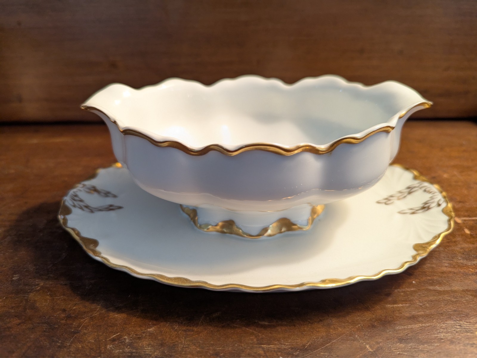 Atq Vtg Haviland Limoges France RANSON Gold Trim Gravy Boat Attached Underplate