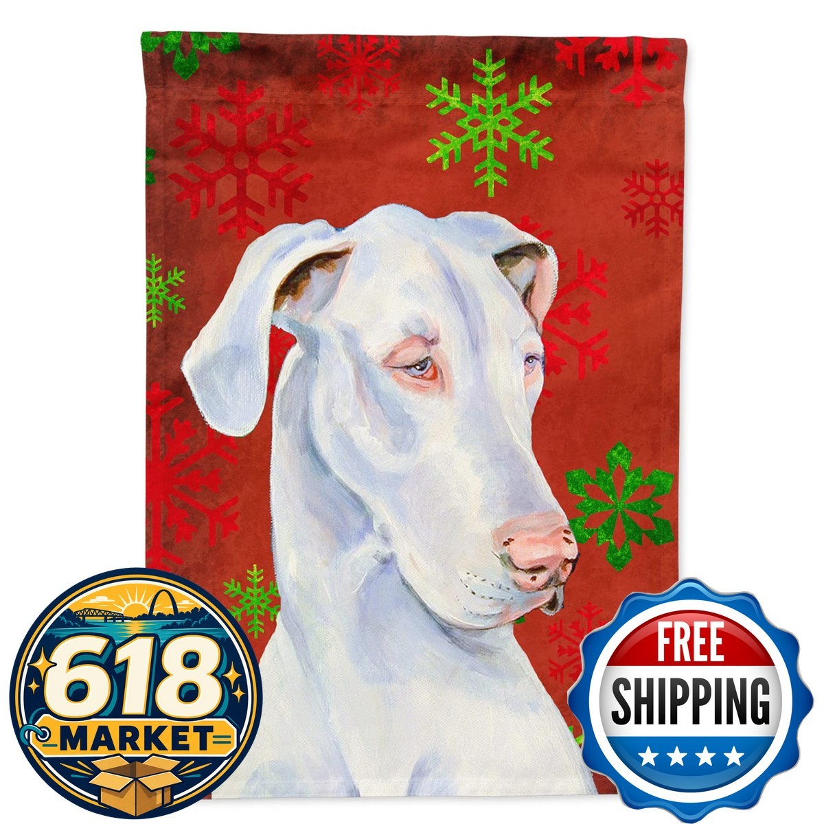Caroline\'s Treasures LH9311CHF Great Dane Red Green Snowflakes House Flag Large