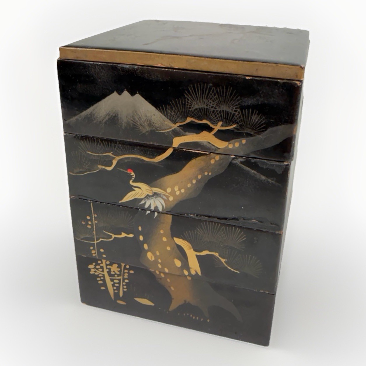 Antique Japanese Gold Gilt Makie Five Piece Box Jubako Pine Tree Crane & Mt Fuji