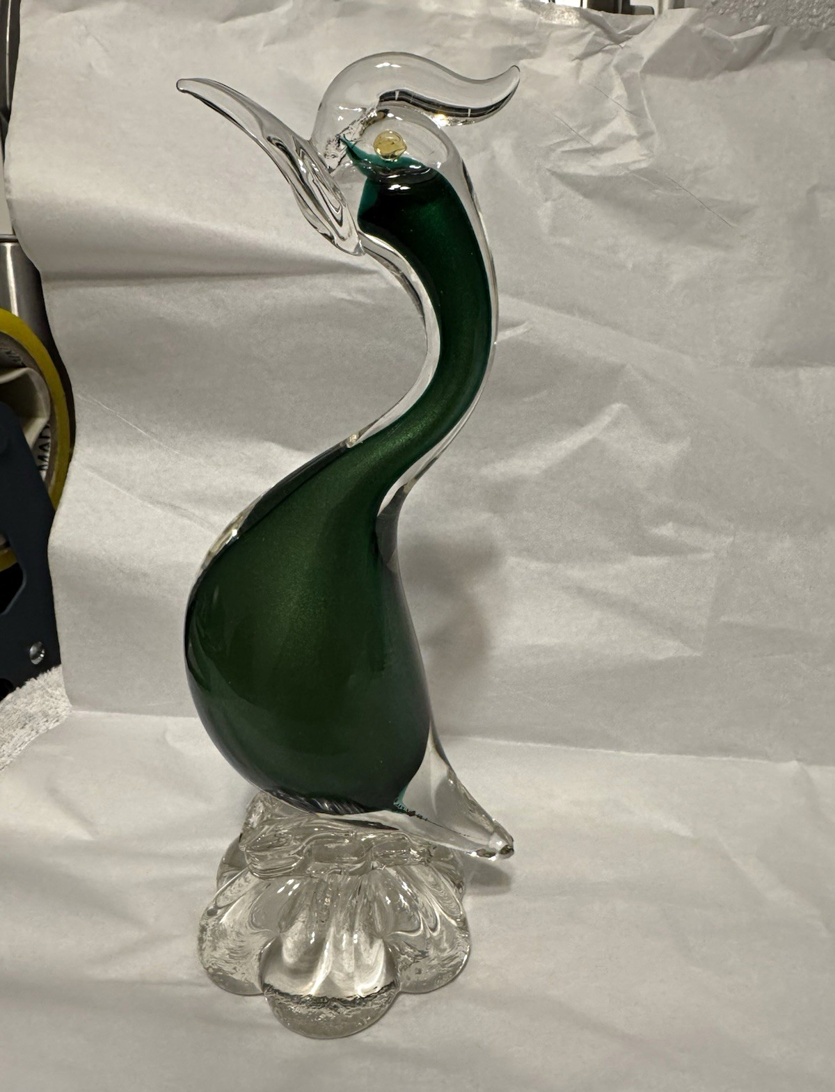 Vintage Murano Venetian Art Glass Bird Iridescent Green Incased In Clear