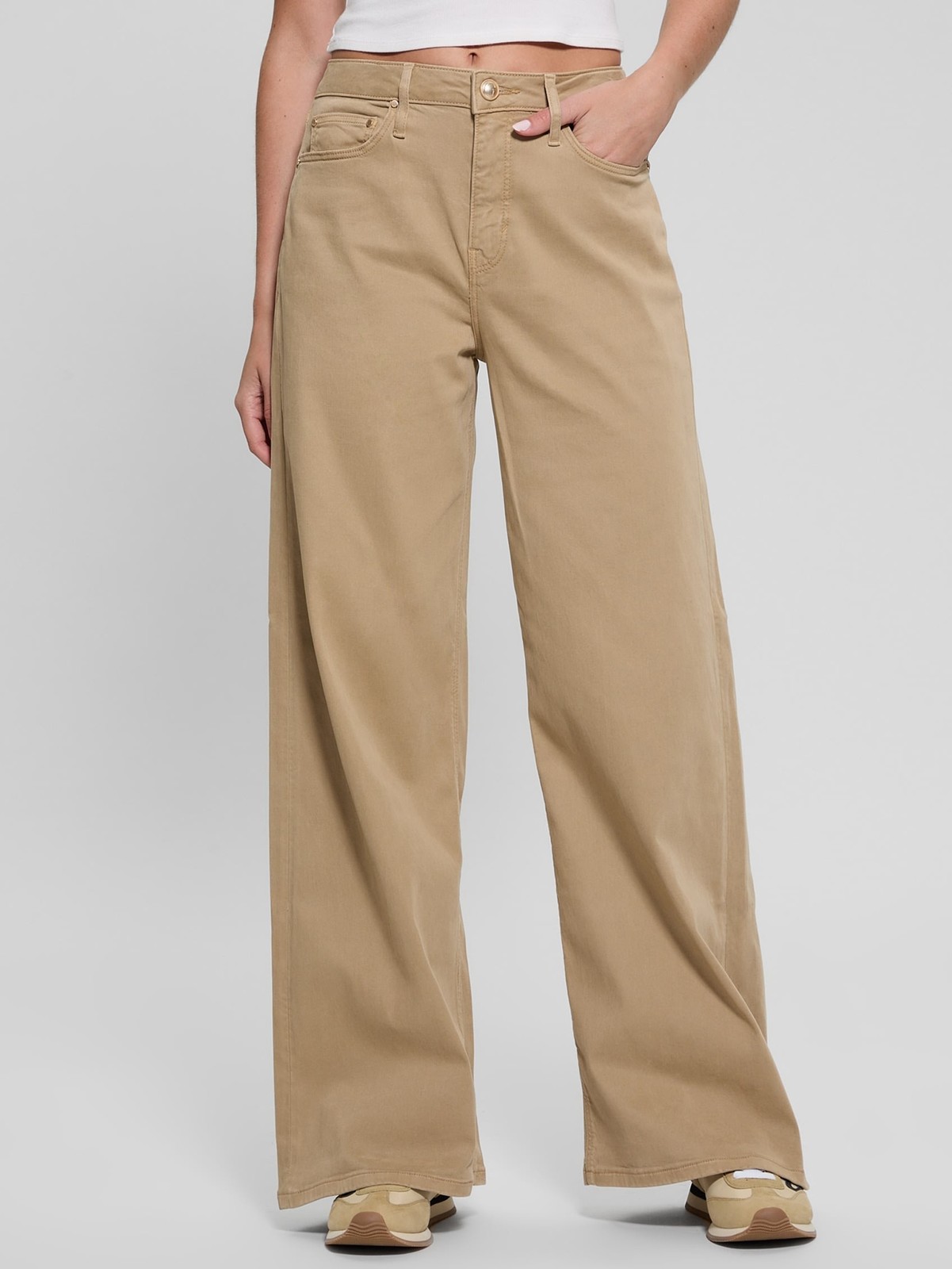 GUESS Bellflower Mid-Rise Wide-Leg Jeans Women\'s 29 Beige Button Zip Closure