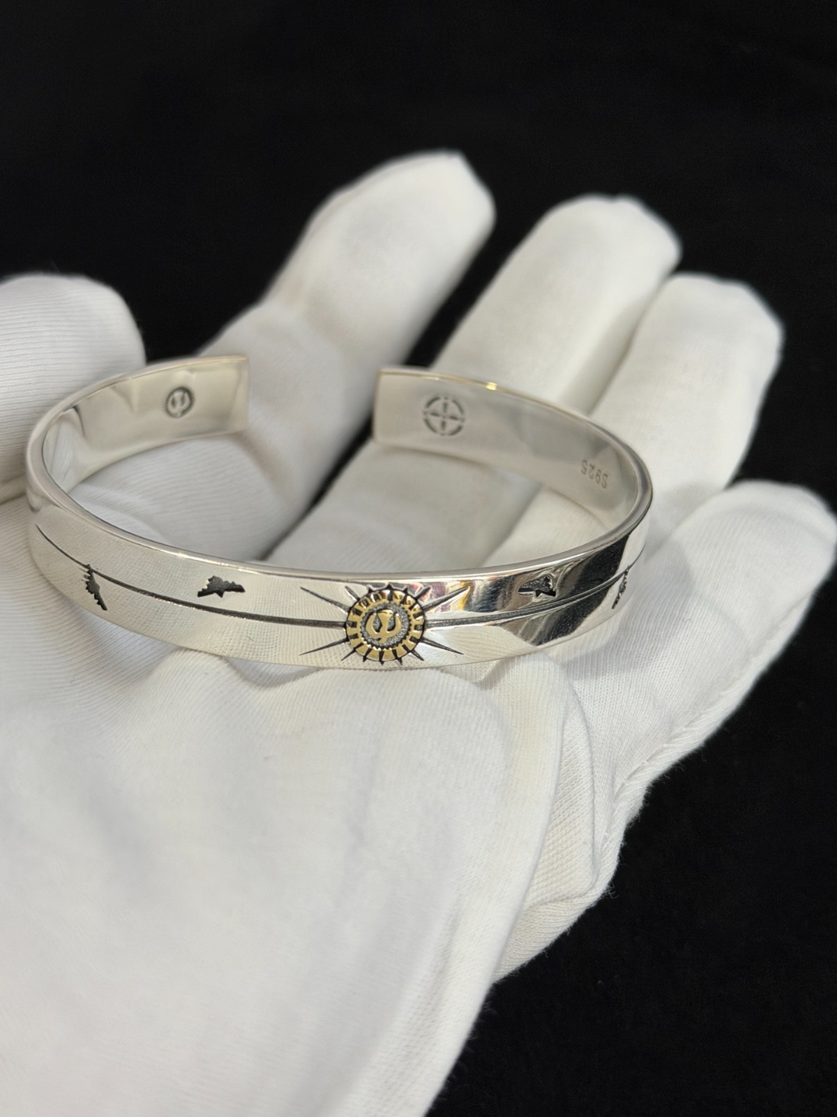 Goro\'s Punk Rock Open Cuff Bracelet Sun Totem Gold Inlay Polished Silver Unisex 