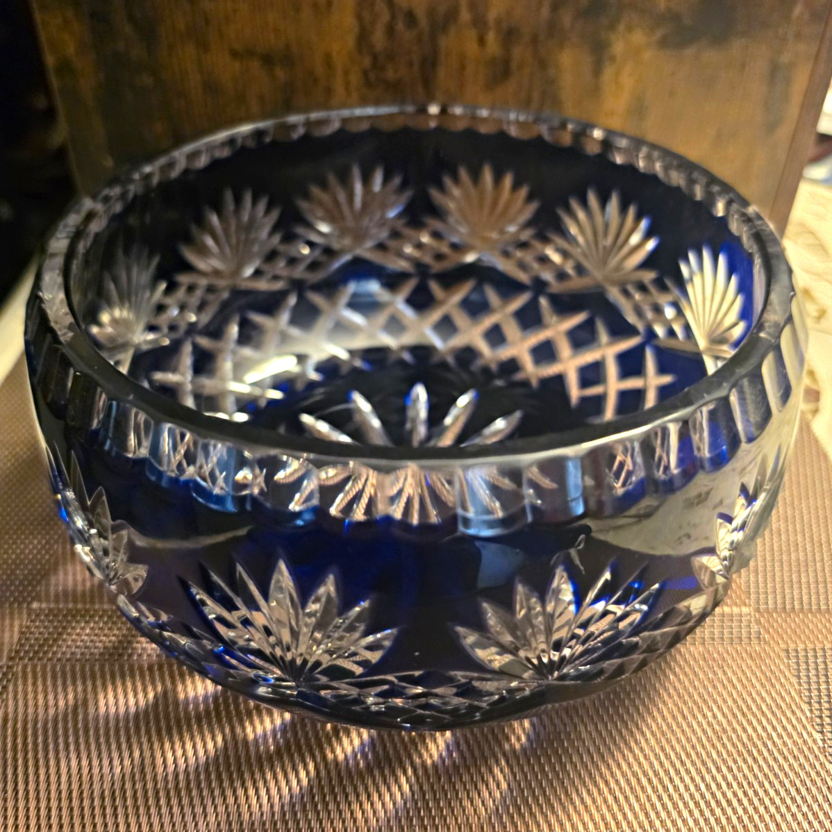 This item is a vintage cobalt blue cut-to-clear lead crystal bowl. Poland. This item is a vintage cobalt blue cut-to-clear lead crystal bowl. Poland.