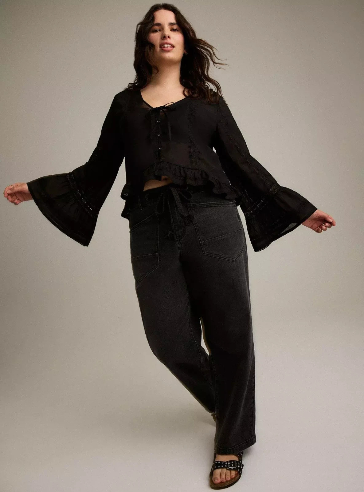 Torrid Plus 1X Festi Bell Sleeve Hi-Low Tie Front Cotton Top Deep Black Boho NWT