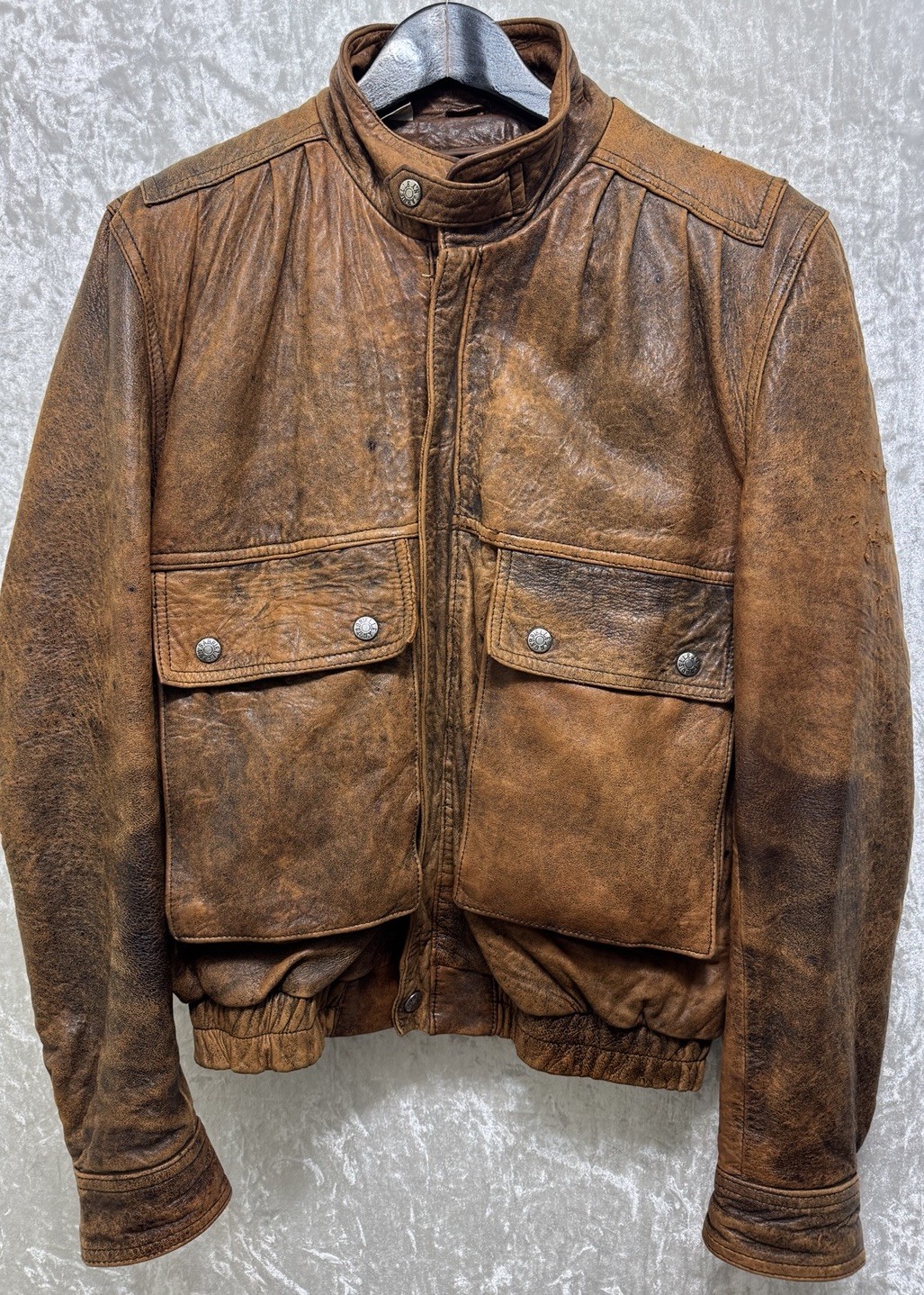 Vtg Gabrielle NY Flight Jacket Brown Distressed Thick Leather Bomber Size 38 S M