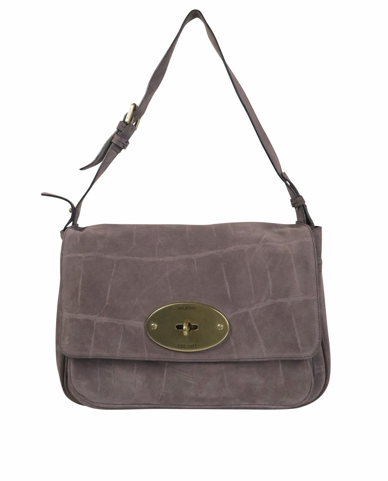 Authentic MULBERRY Bayswater Croc Suede Leather Flap Turn Lock Bag Grey