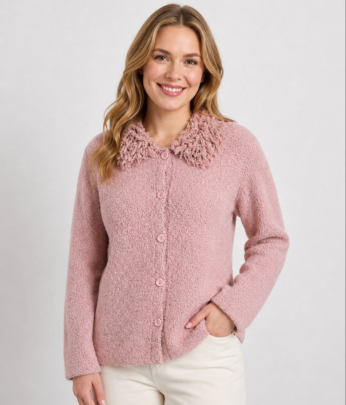 NWT Dialogue QVC Womens Small Pink Boucle Cardigan Shaggy Fringe Collar