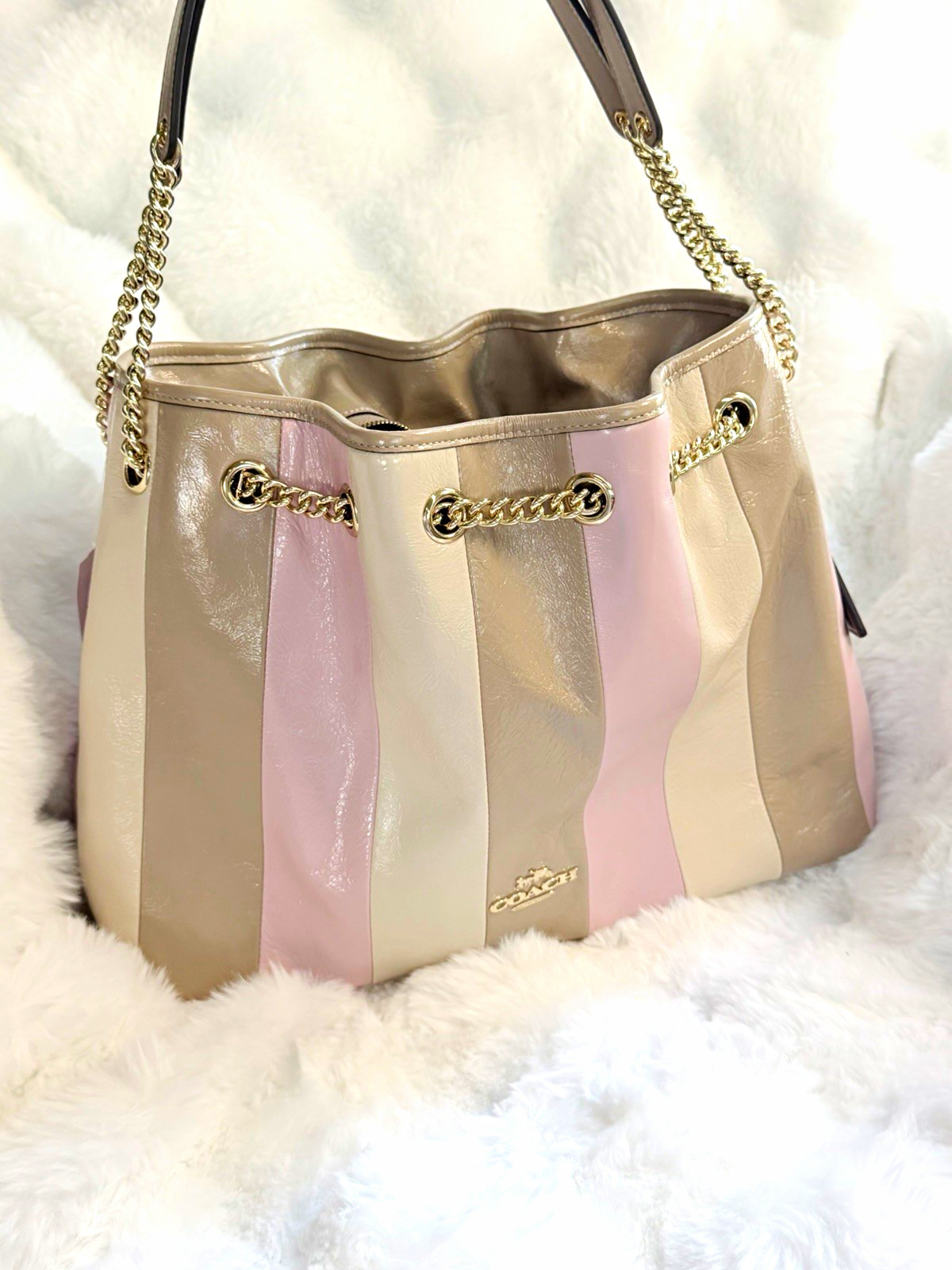 NWT Coach Evelyn Striped Shoulder Bag Taupe/Pink/Beige Zip Gold CDW41