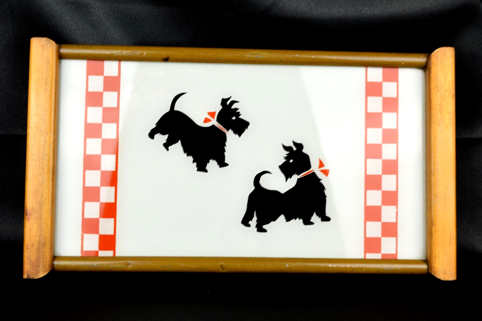 Vintage 1940s Westmoreland Scottie Dog Reverse Painted Glass Tray Wood Frame