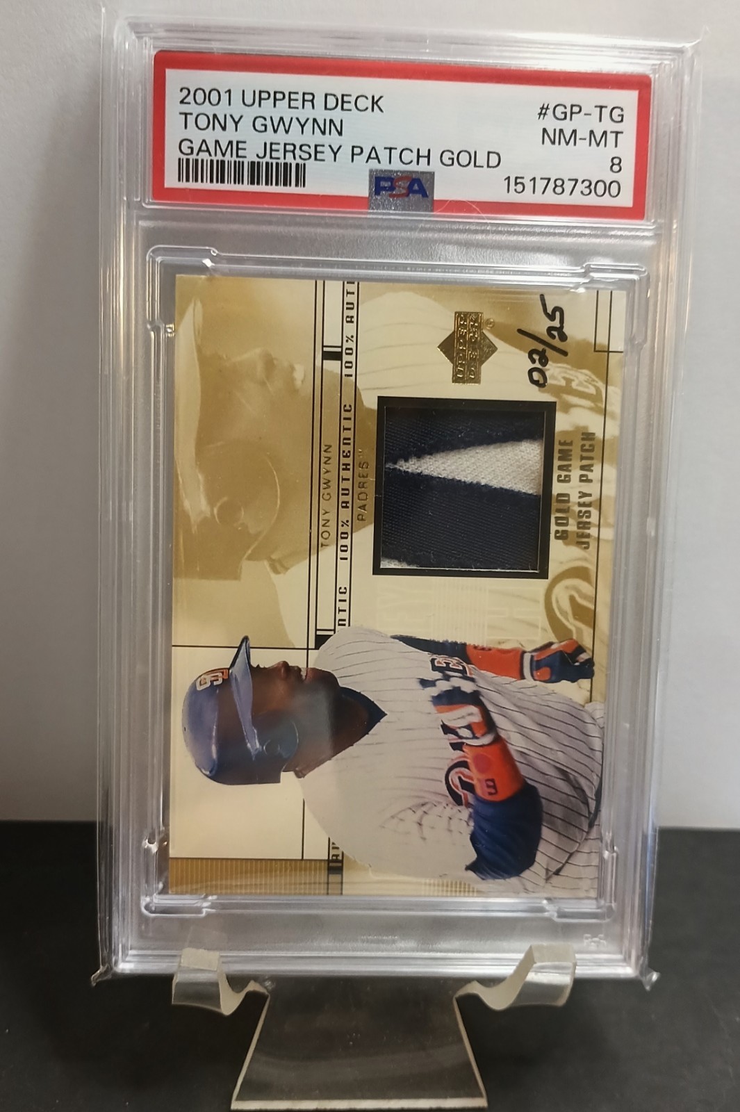 2001 Upper Deck Game Jersey Patch Gold - Tony Gwynn #GP-TG /25 PSA 8