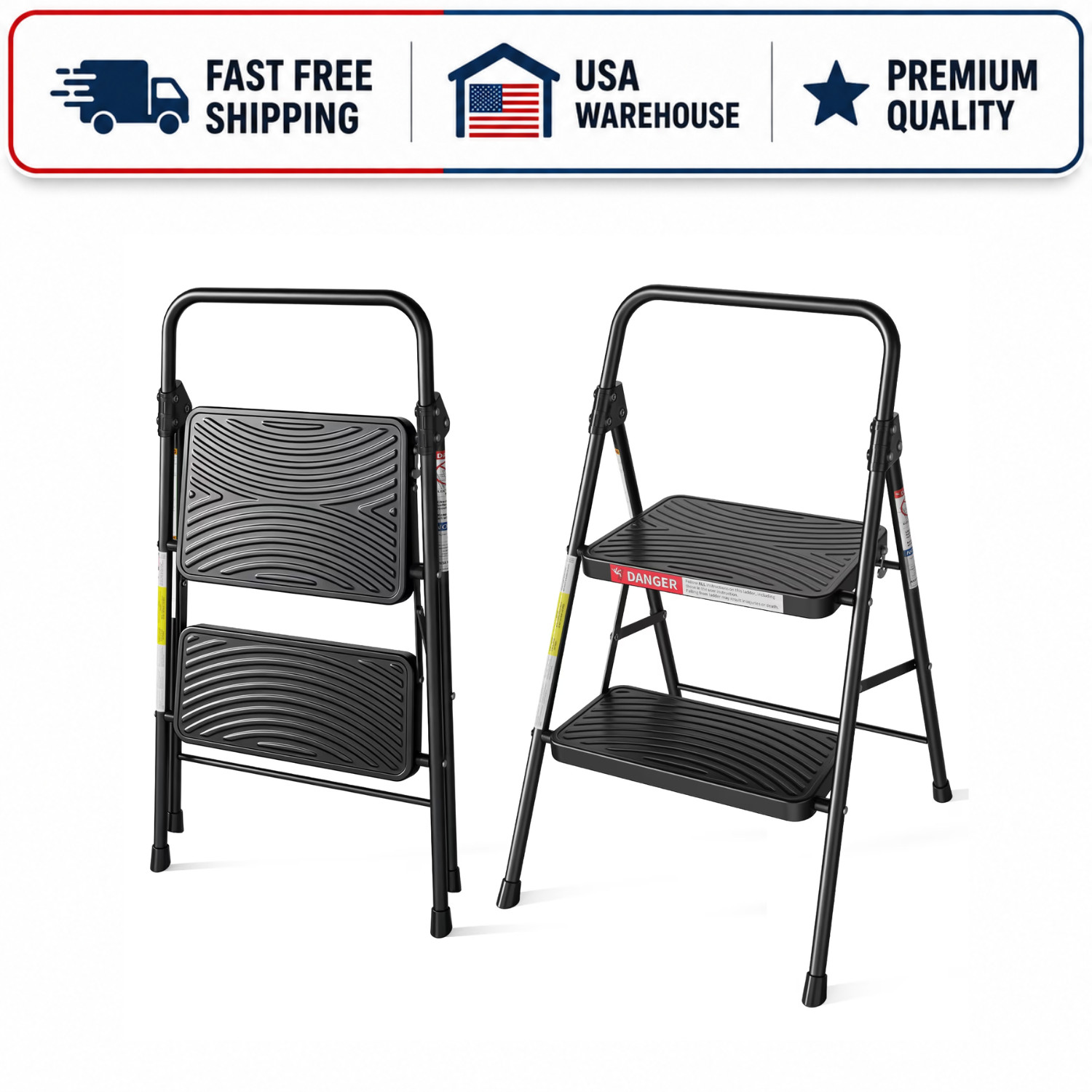 LevLad 2 Step Stool Foldable Step Ladder Anti Slip 330 Lbs Heavy Duty Black