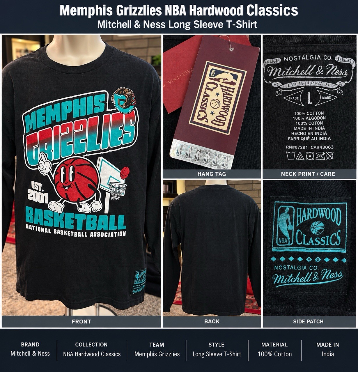 Mitchell & Ness Memphis Grizzlies Hardwood Classics Long Sleeve Shirt L Mitchell & Ness Memphis Grizzlies Hardwood Classics Long Sleeve Shirt L