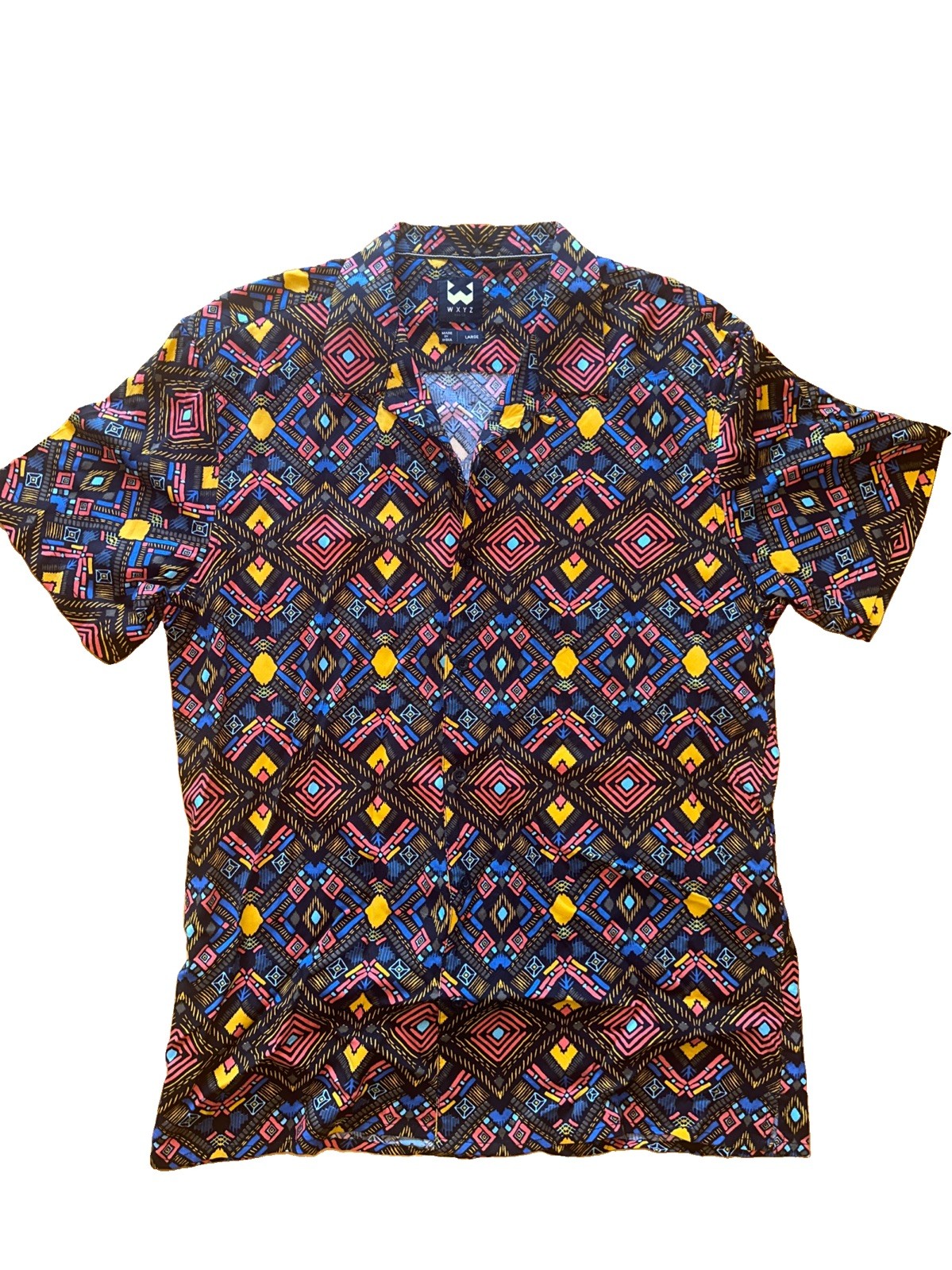 WXYZ Men’s Camp Shirt Large 100% Viscose Geometric Aztec Print Resort Button Up