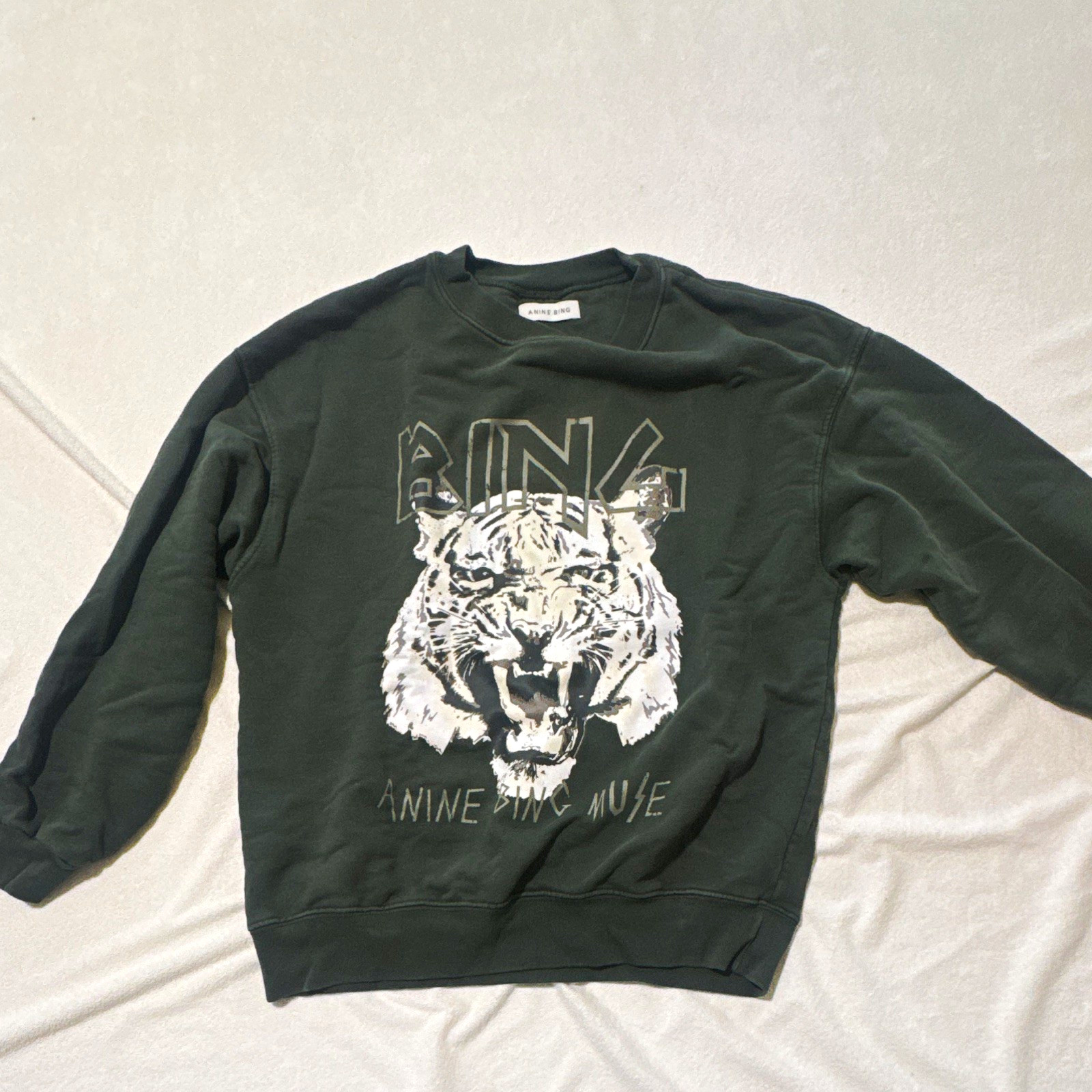 ANINE BING Muse Tiger Graphic Crewneck Pullover Sweatshirt Green Organic S