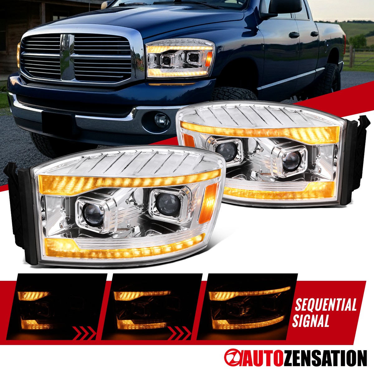 Fit 2006-2009 Ram 1500 2500 3500 Projector Headlights Amber LED DRL Sequential