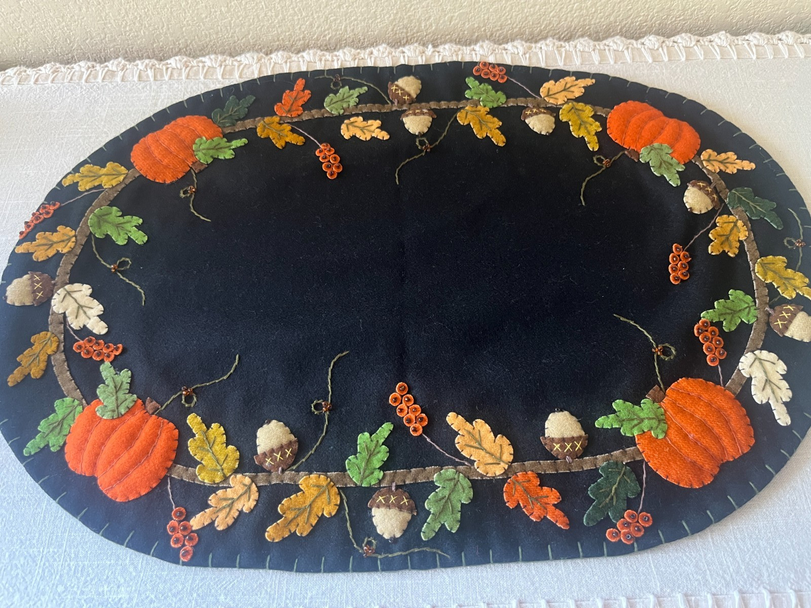 Primitive 21” Long Autumn Thanksgiving Wool Runner Handmade Beads Applique