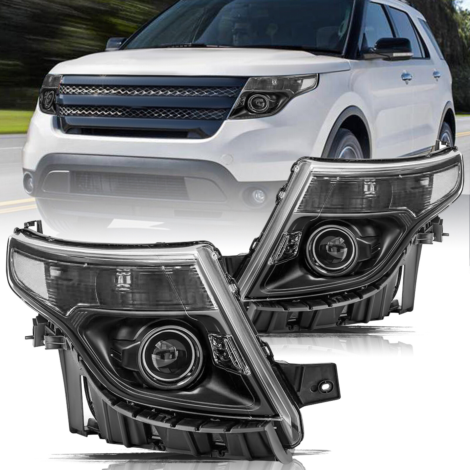 For 2011-2015 Ford Explorer Halogen Black Housing Projector Headlights Pair Set