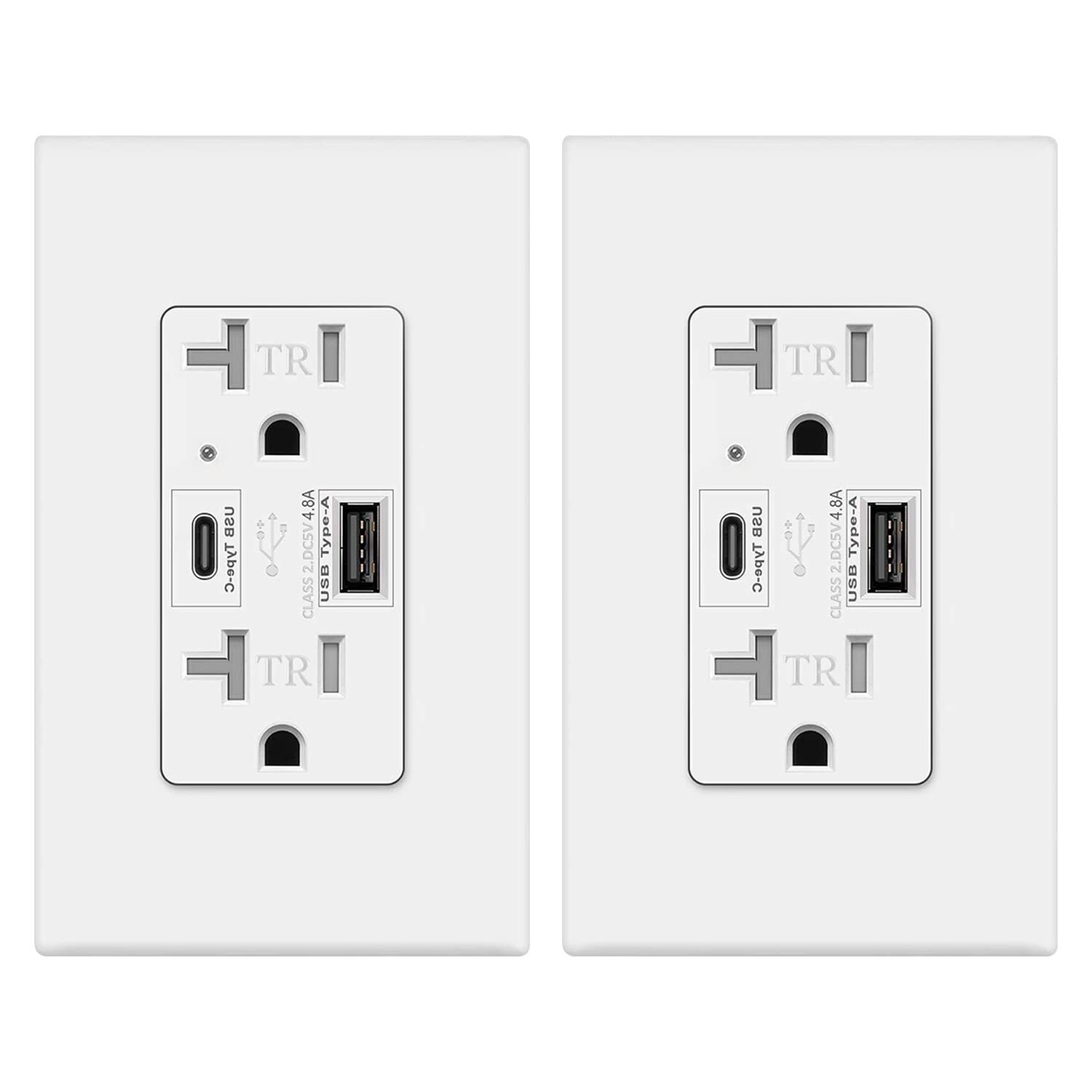 4.8A USB C Outlet High Speed,24W 20 Amp,White, 125 V Tamper-Resistant ,2 Pack