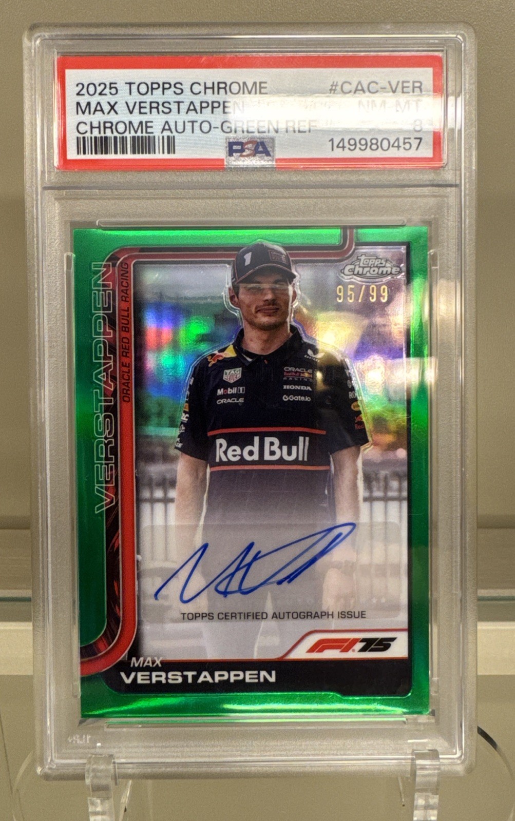 Topps 2025 Chrome Formula 1 autograph Max Verstappen CAC-VER AUTO GREEN PSA 8