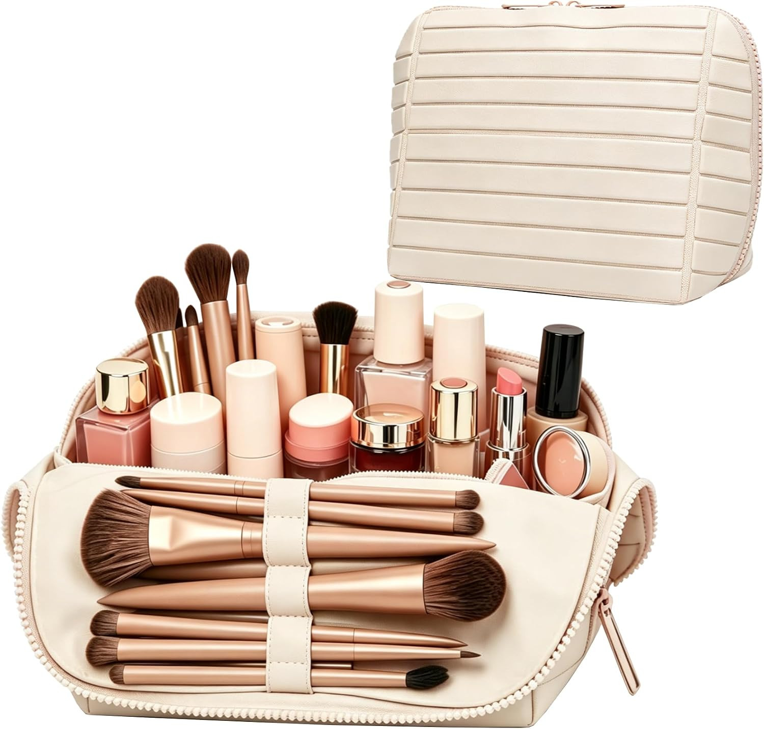 Travel Parallel Vertical Makeup Bag with Fold-Down Design and Adjustable Divi