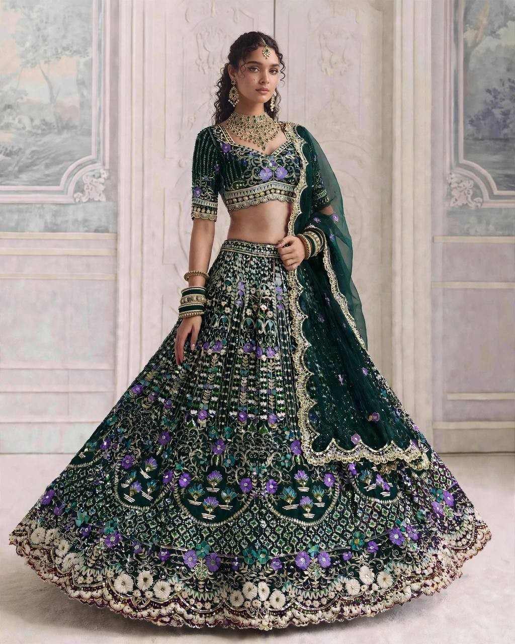 Green Lehenga Choli Dupatta Sequins Cut Work 4 Meter Flared Indian Wedding