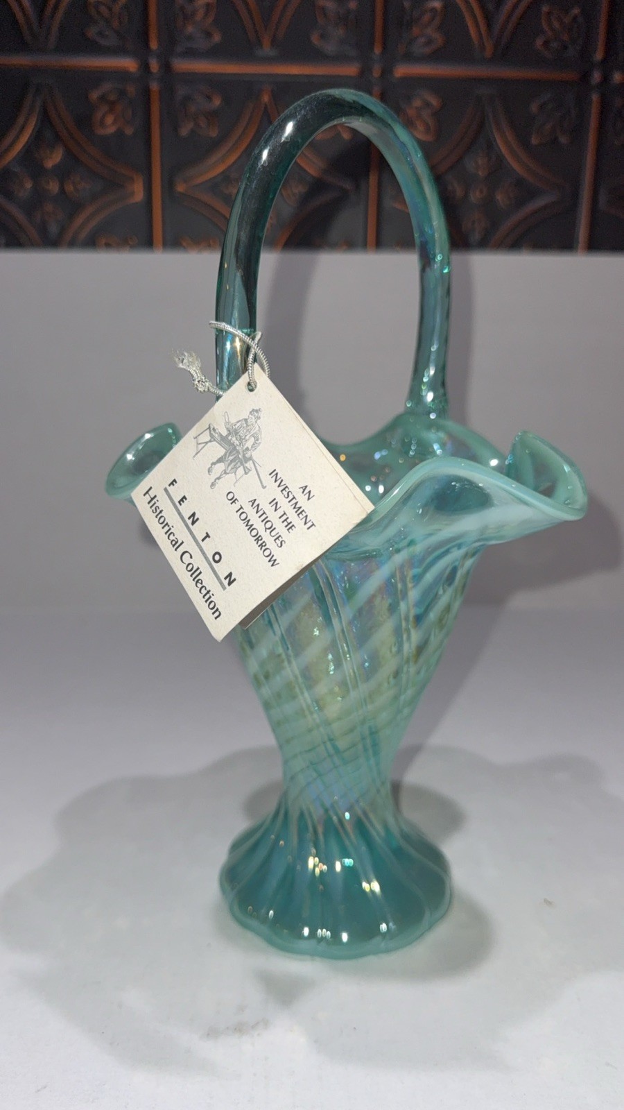 Vintage Fenton Teal/Aqua Green Opalescent Swirl Spiral Optic Ruffle Basket 11”
