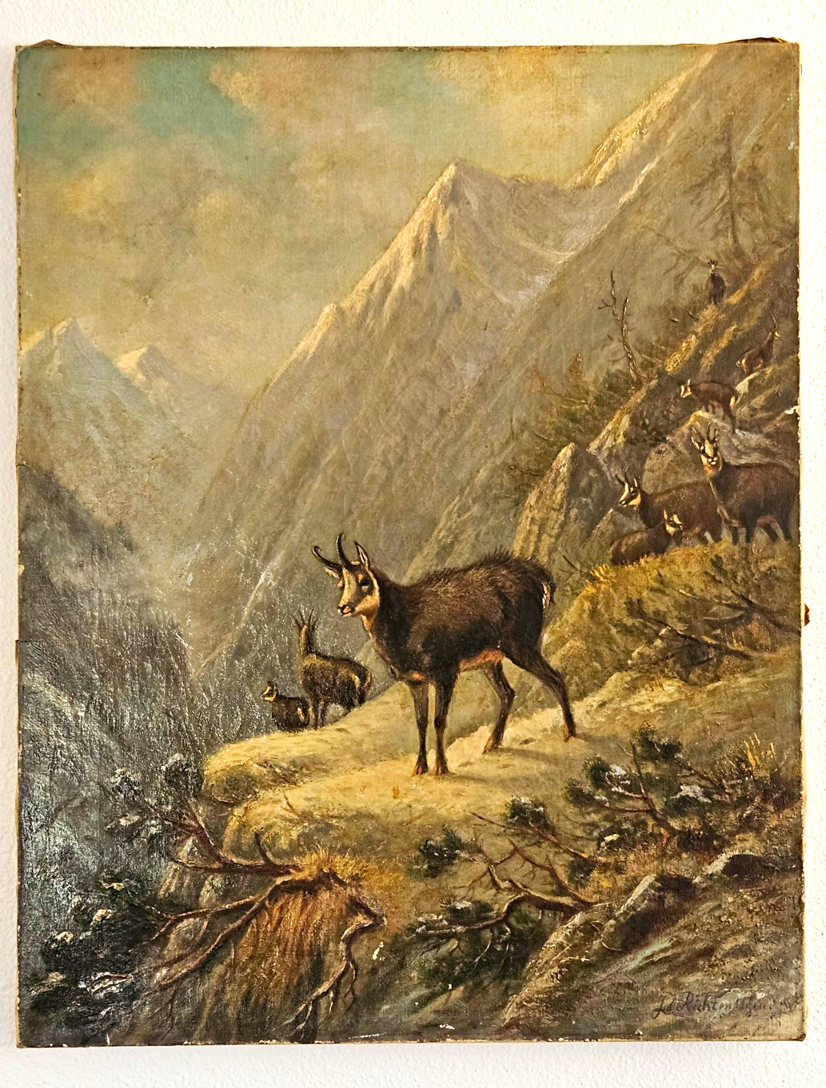 Antique c1880s Julius Richter Munich Oil Painting Alpine Chamois German School Antique c1880s Julius Richter Munich Oil Painting Alpine Chamois German School