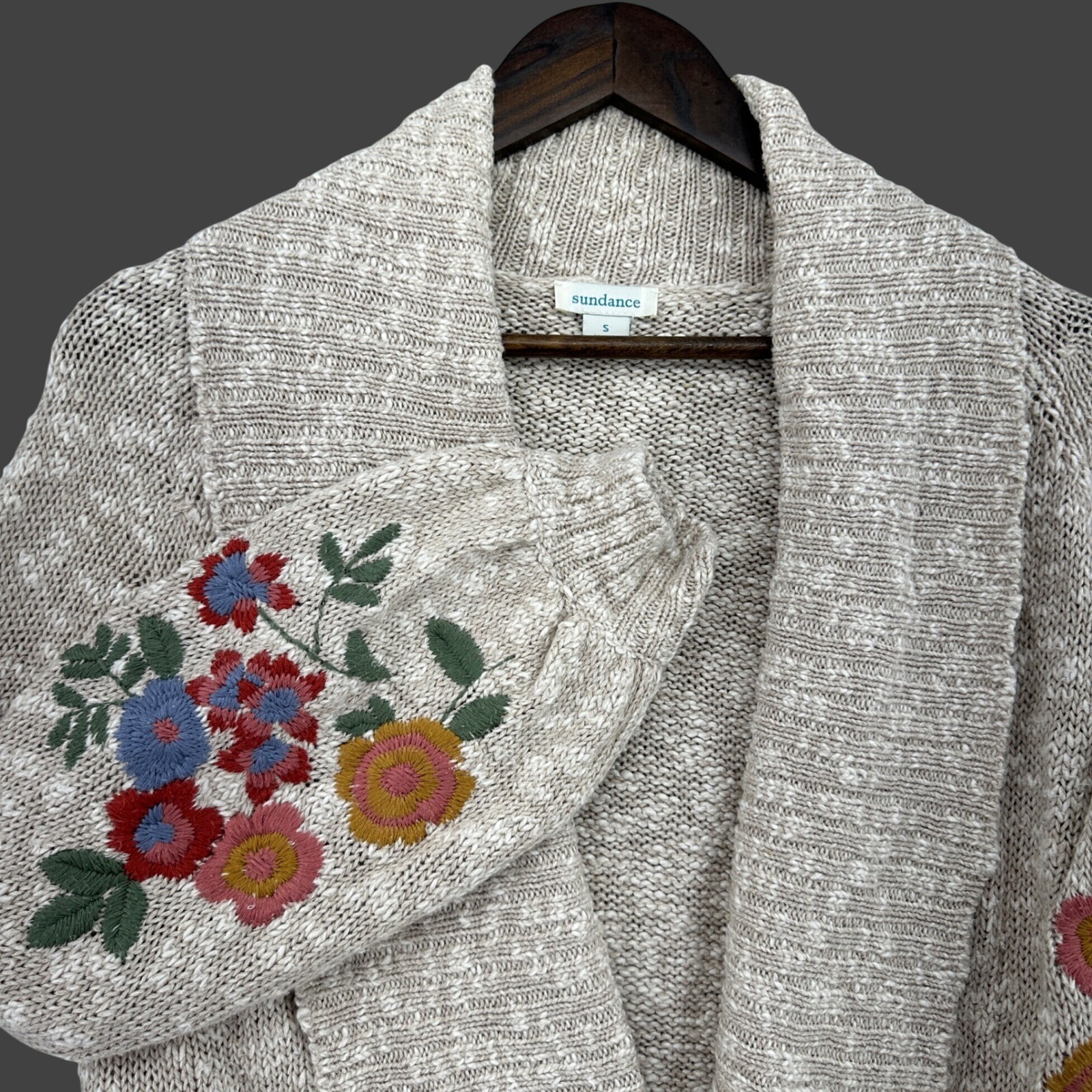 Sundance Womens Beige Marl Floral Embroidered Open Front Cardigan Sweater SZ S