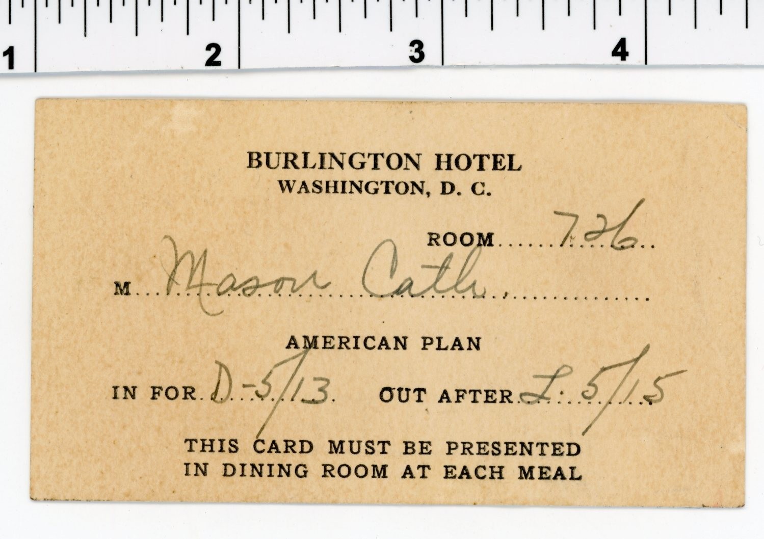 Vintage 1920\'s Waiter\'s CARD / Washington DC BURLINGTON HOTEL Dining Room MASON