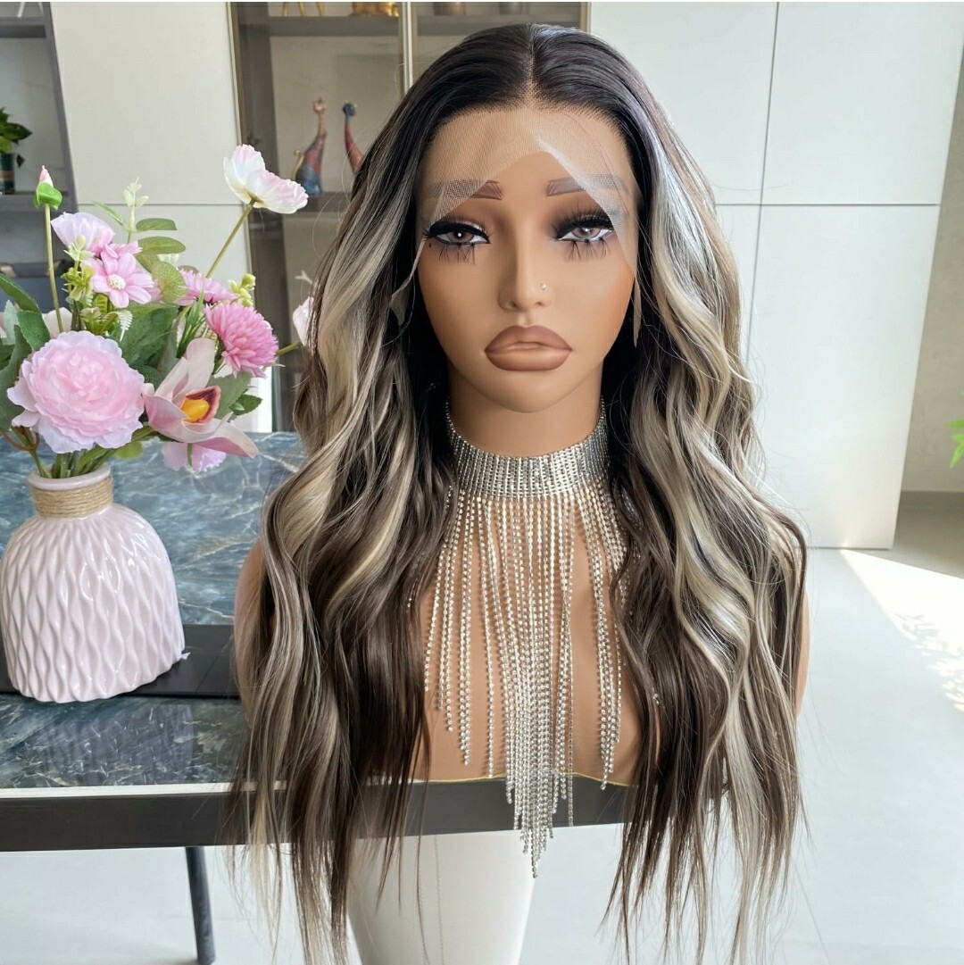 Dark Brown Blonde Ombre Wig HD Front Lace Human Hair Blend Highlight Wavy Curly Dark Brown Blonde Ombre Wig HD Front Lace Human Hair Blend Highlight Wavy Curly