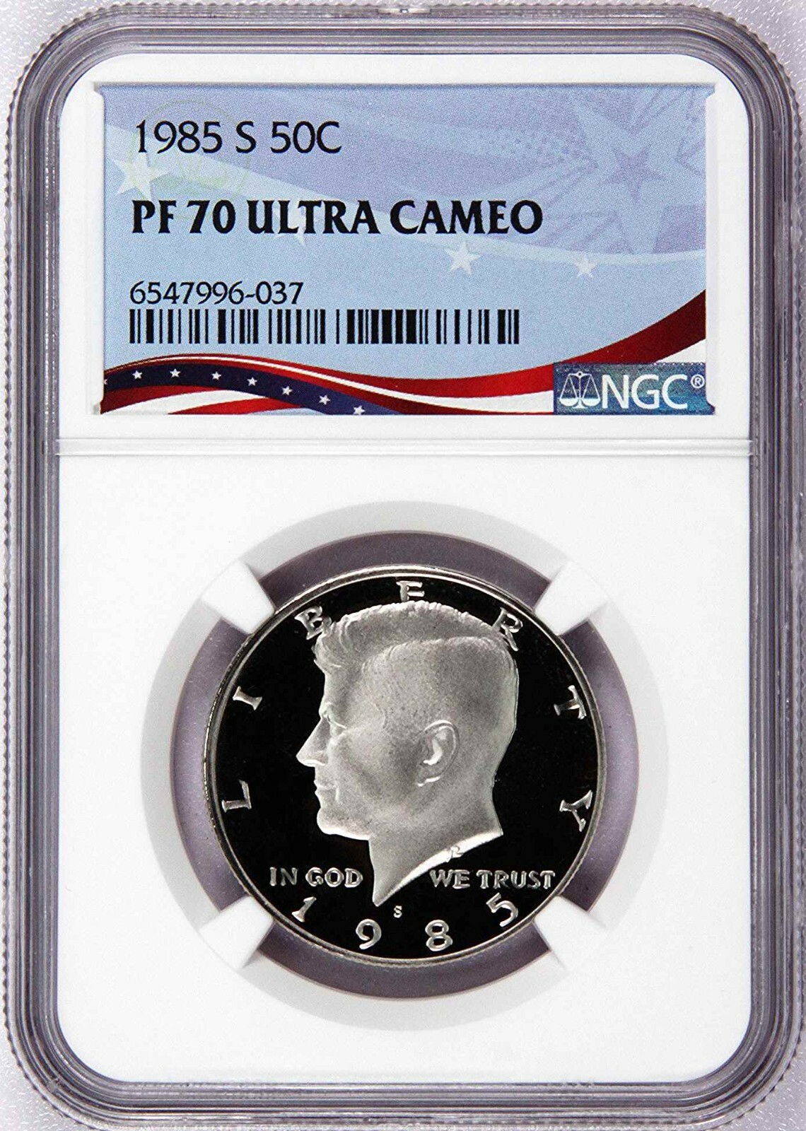 1985-S Proof Kennedy Half, Graded PF70UC by NGC ~ NEW Patriotic OSR Label
