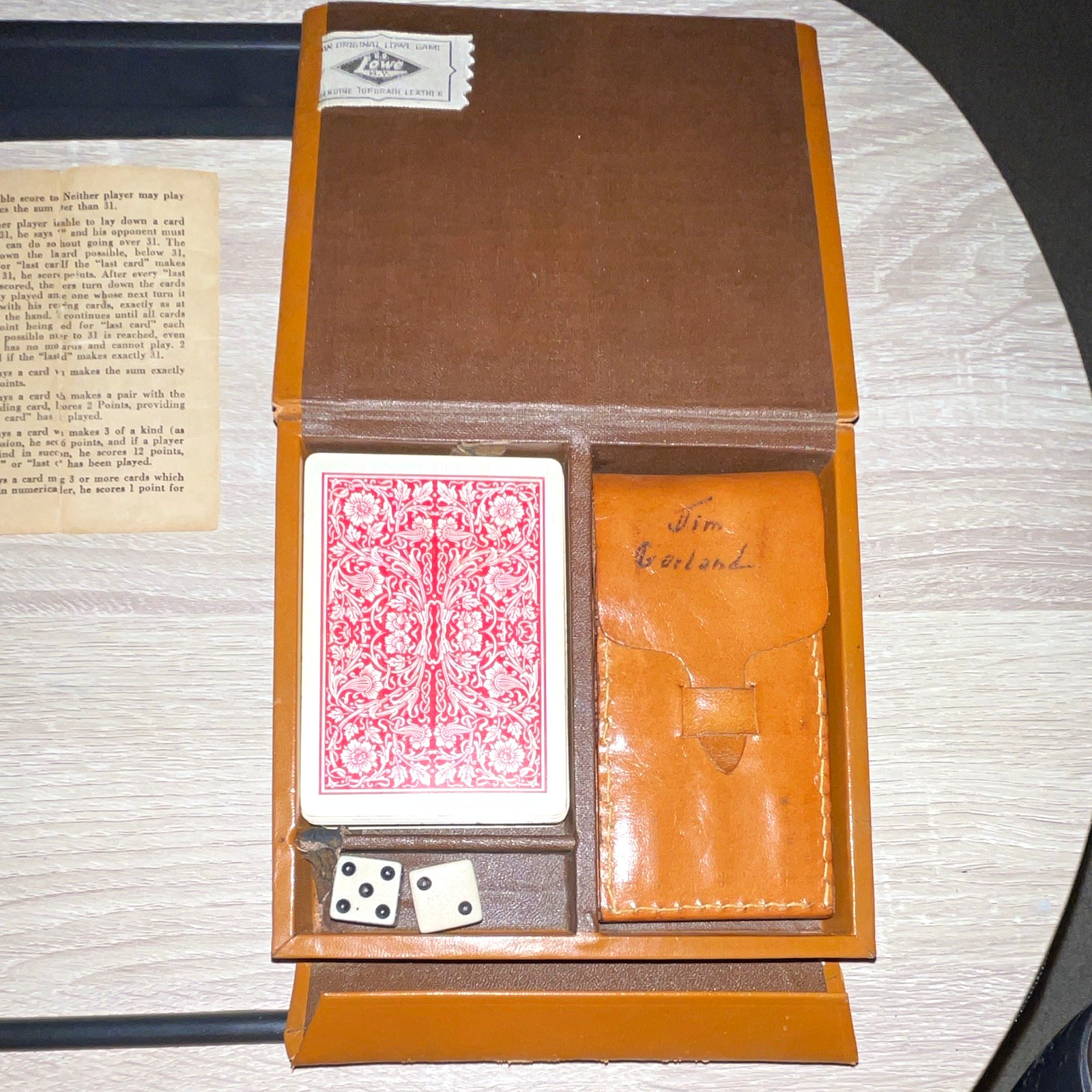 Vintage 1940s E.S. Lowe Leather Cribbage Travel Set Cards Dice Pegs Case